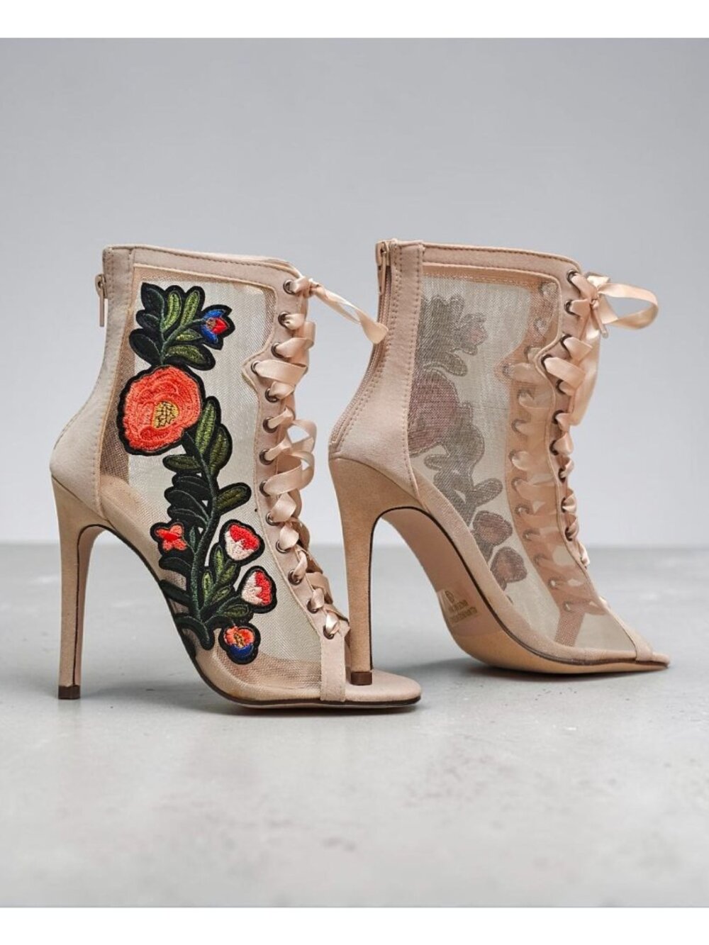 Floral Embroidered Mesh Lace-Up Stiletto Heels With Back Zipper - Picture 7 of 13